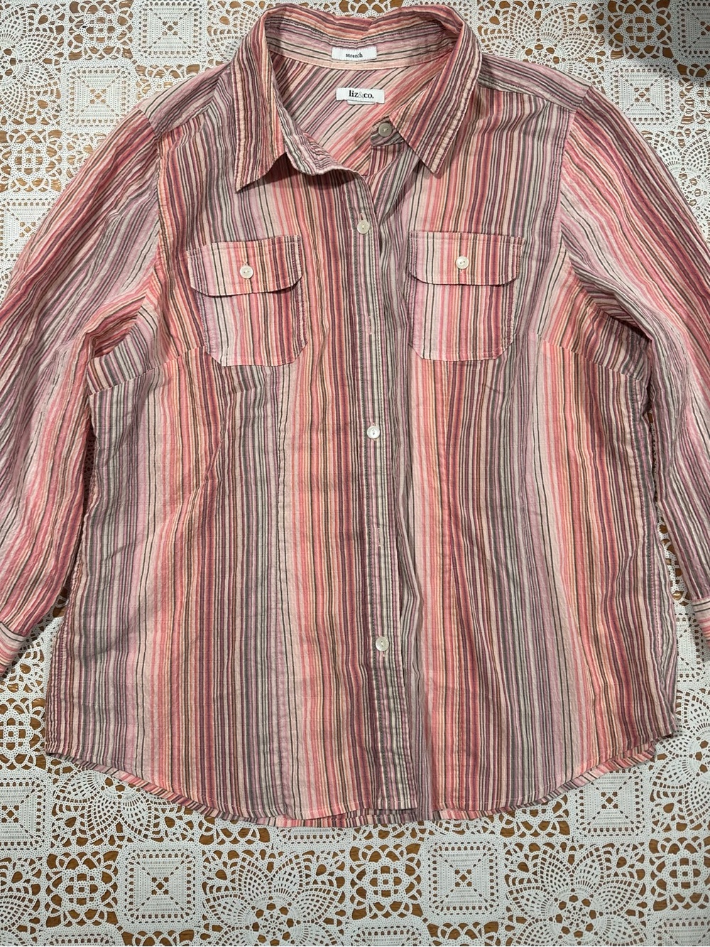 Liz & Co Pink Stripe Button Front Shirt Women’s Stretch 3/4 Sleeve